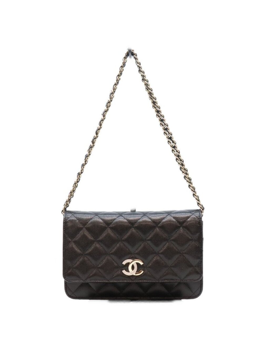 Chanel Black Tamless Classic Caviar Half Rhinestone Chain Wallet Shoulder Bag